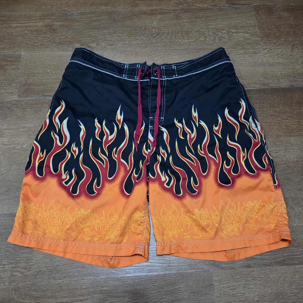 No Boundaries Mens Flames Board Shorts Black Orange Swim Trunks 36W NB115008B